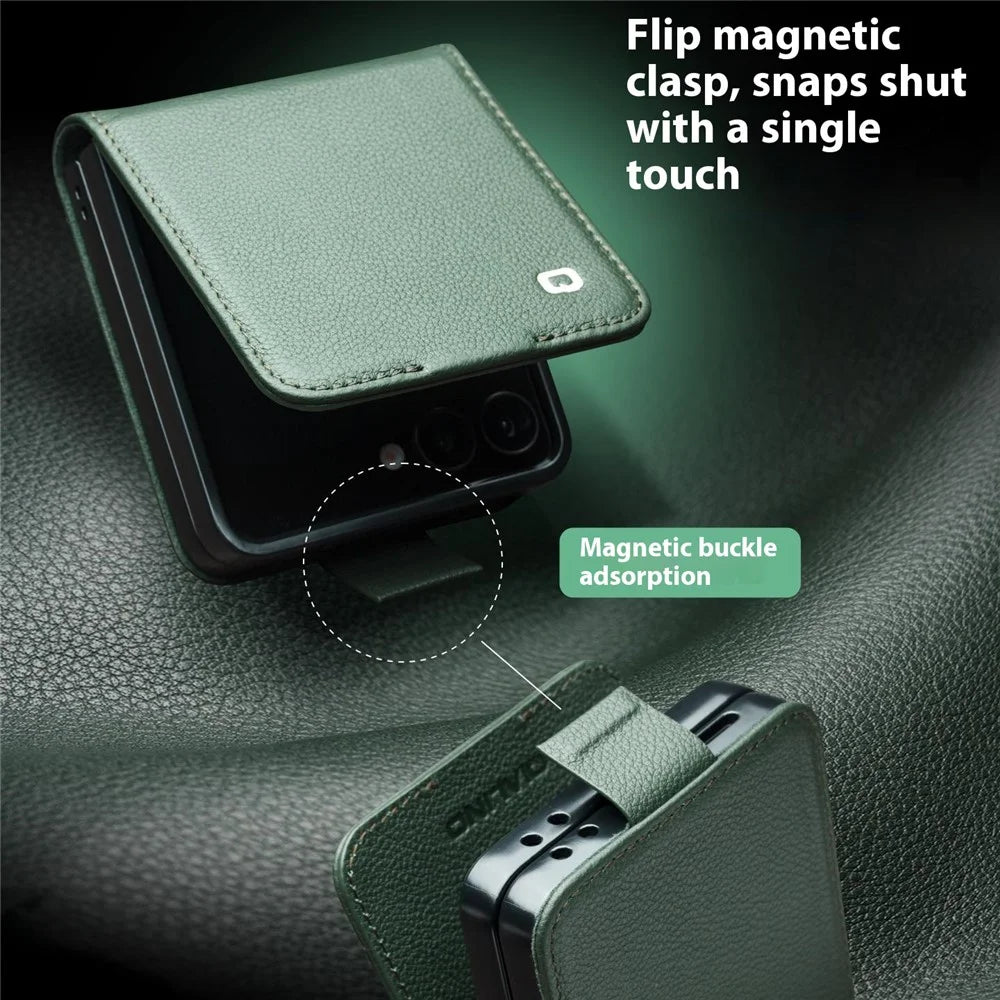 QIALINO For Samsung Galaxy Z Flip7 5G QIALINO Case Litchi Textured Top Layer Genuine Cow Leather PC Flip Phone Cover with Card Holder - Black - 7