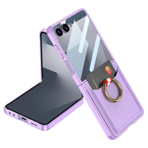 GKK For Samsung Galaxy Z Flip7 5G Case with Ring Kickstand / Card Holder PC + Tempered Glass Phone Back Cover - Purple - 1