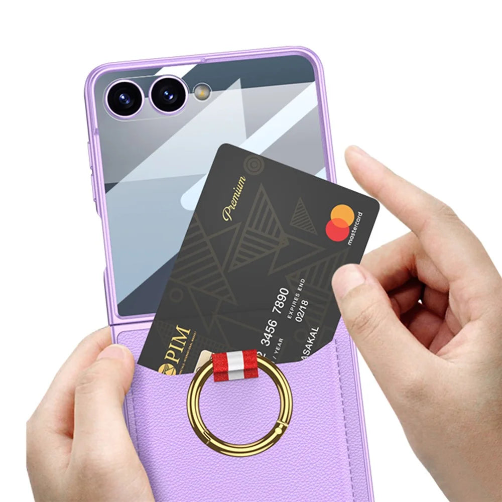 GKK For Samsung Galaxy Z Flip7 5G Case with Ring Kickstand / Card Holder PC + Tempered Glass Phone Back Cover - Purple - 4