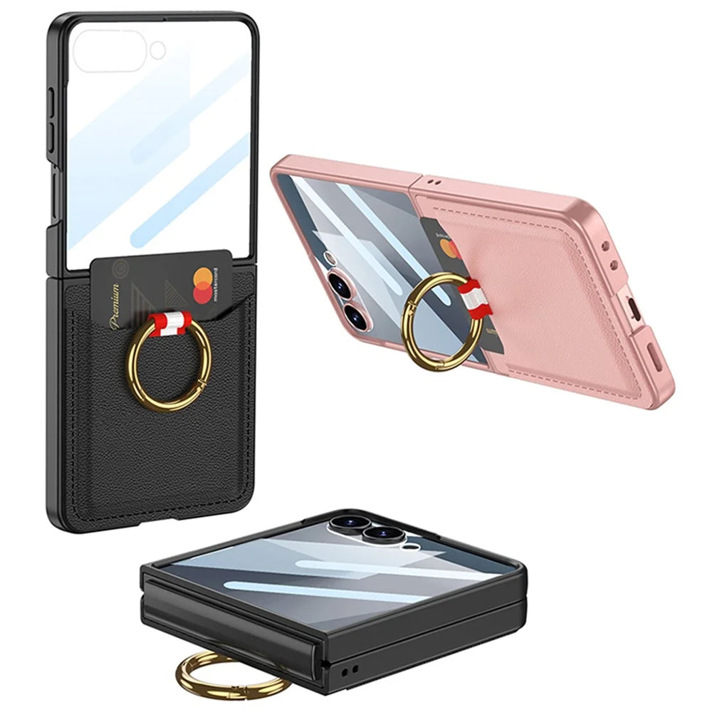 GKK For Samsung Galaxy Z Flip7 5G Case with Ring Kickstand / Card Holder PC + Tempered Glass Phone Back Cover - Purple - 5