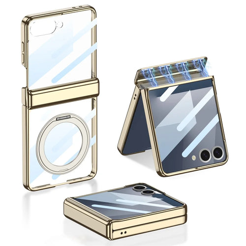 GKK For Samsung Galaxy Z Flip7 5G Case with Kickstand Magnetic Hinge Protection PC Tempered Glass Phone Cover - Champagne Gold - 1
