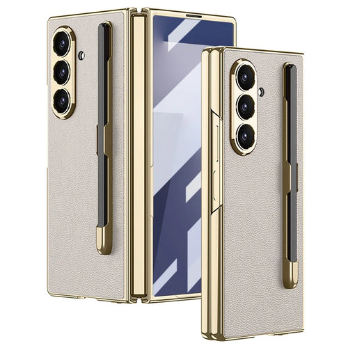 GKK For Samsung Galaxy Z Fold7 5G Case with Stylus Slot Electroplating PU PC Tempered Glass Phone Cover - Titanium Grey - 1