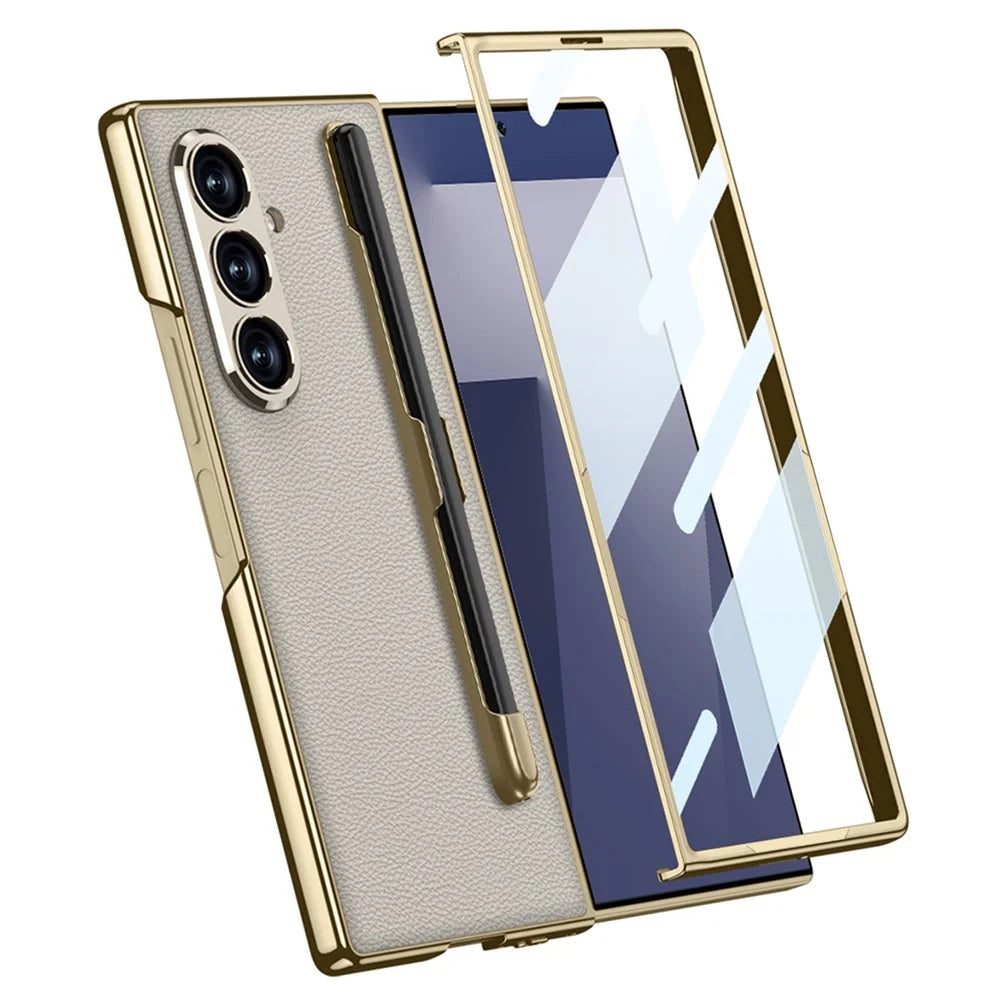 GKK For Samsung Galaxy Z Fold7 5G Case with Stylus Slot Electroplating PU PC Tempered Glass Phone Cover - Titanium Grey - 3
