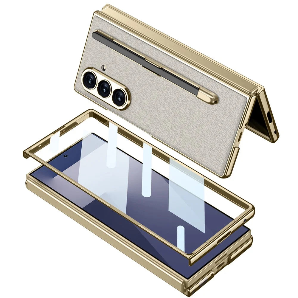 GKK For Samsung Galaxy Z Fold7 5G Case with Stylus Slot Electroplating PU PC Tempered Glass Phone Cover - Titanium Grey - 5