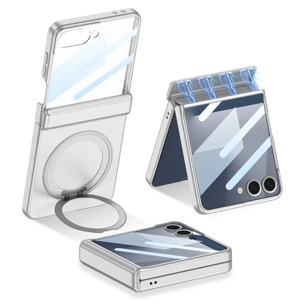 GKK For Samsung Galaxy Z Flip7 5G Case Kickstand Magnetic Hinge Protection PC Phone Cover with HD Rear Screen Protector - Silver - 1
