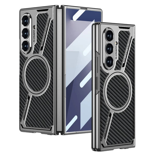 GKK For Samsung Galaxy Z Fold7 5G Magnetic Case PU Leather + PC Phone Cover with Front Screen Protector - Grey - Carbon Fiber Texture - 1