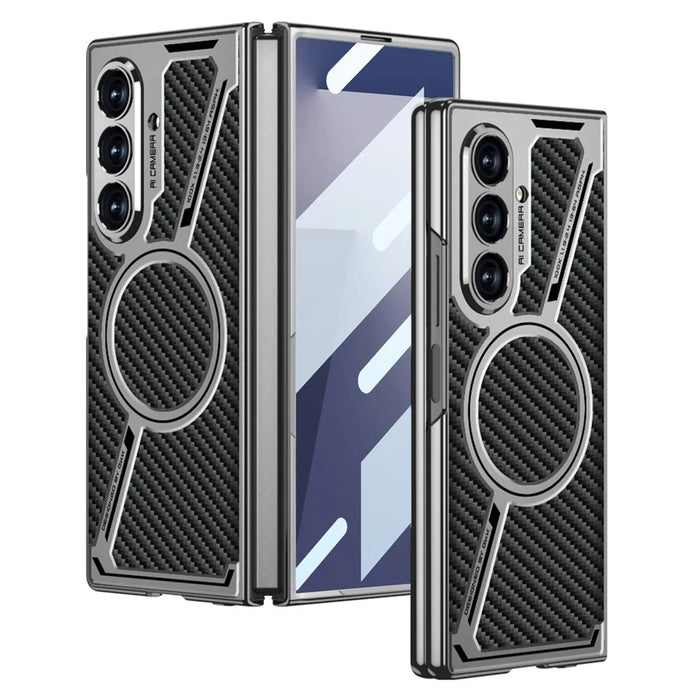 GKK For Samsung Galaxy Z Fold7 5G Magnetic Case PU Leather + PC Phone Cover with Front Screen Protector - Grey - Carbon Fiber Texture - 1