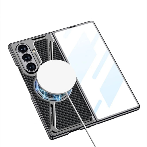 GKK For Samsung Galaxy Z Fold7 5G Magnetic Case PU Leather + PC Phone Cover with Front Screen Protector - Grey - Carbon Fiber Texture - 2