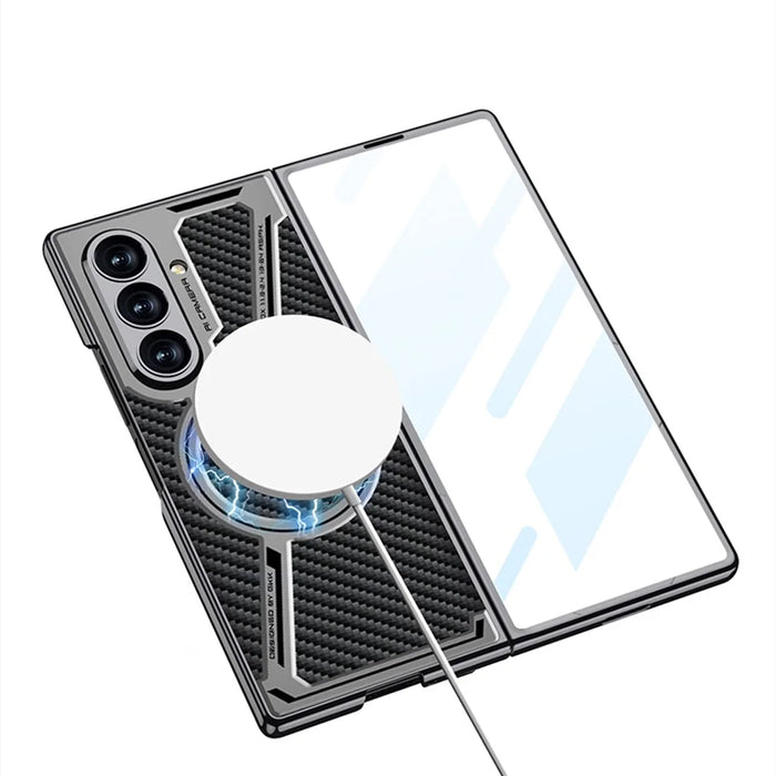 GKK For Samsung Galaxy Z Fold7 5G Magnetic Case PU Leather + PC Phone Cover with Front Screen Protector - Grey - Carbon Fiber Texture - 2
