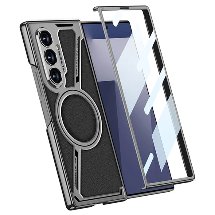 GKK For Samsung Galaxy Z Fold7 5G Magnetic Case PU Leather + PC Phone Cover with Front Screen Protector - Grey - Carbon Fiber Texture - 3