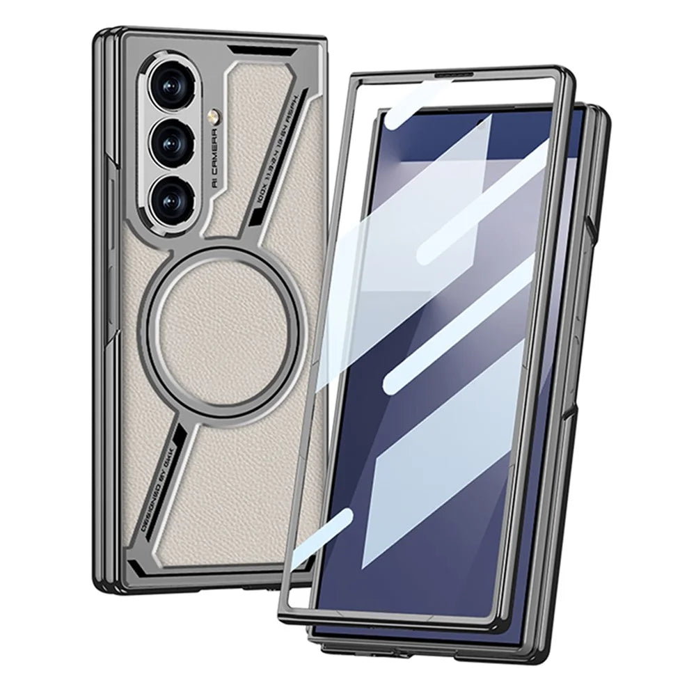 GKK For Samsung Galaxy Z Fold7 5G Magnetic Case PU Leather + PC Phone Cover with Front Screen Protector - Grey - Carbon Fiber Texture - 4