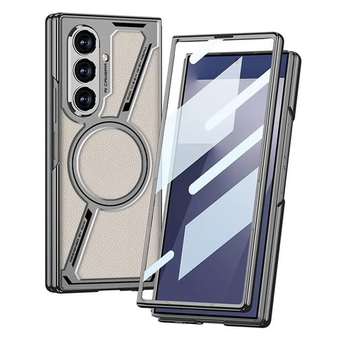 GKK For Samsung Galaxy Z Fold7 5G Magnetic Case PU Leather + PC Phone Cover with Front Screen Protector - Grey - Carbon Fiber Texture - 4