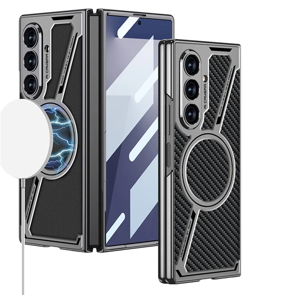 GKK For Samsung Galaxy Z Fold7 5G Magnetic Case PU Leather + PC Phone Cover with Front Screen Protector - Grey - Carbon Fiber Texture - 5