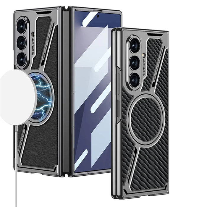 GKK For Samsung Galaxy Z Fold7 5G Magnetic Case PU Leather + PC Phone Cover with Front Screen Protector - Grey - Carbon Fiber Texture - 5