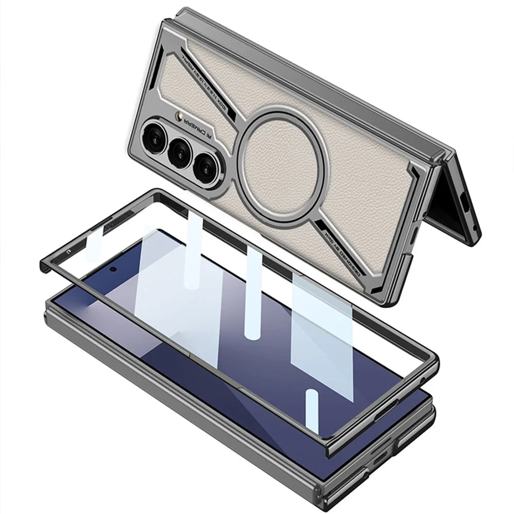 GKK For Samsung Galaxy Z Fold7 5G Magnetic Case PU Leather + PC Phone Cover with Front Screen Protector - Grey - Carbon Fiber Texture - 6