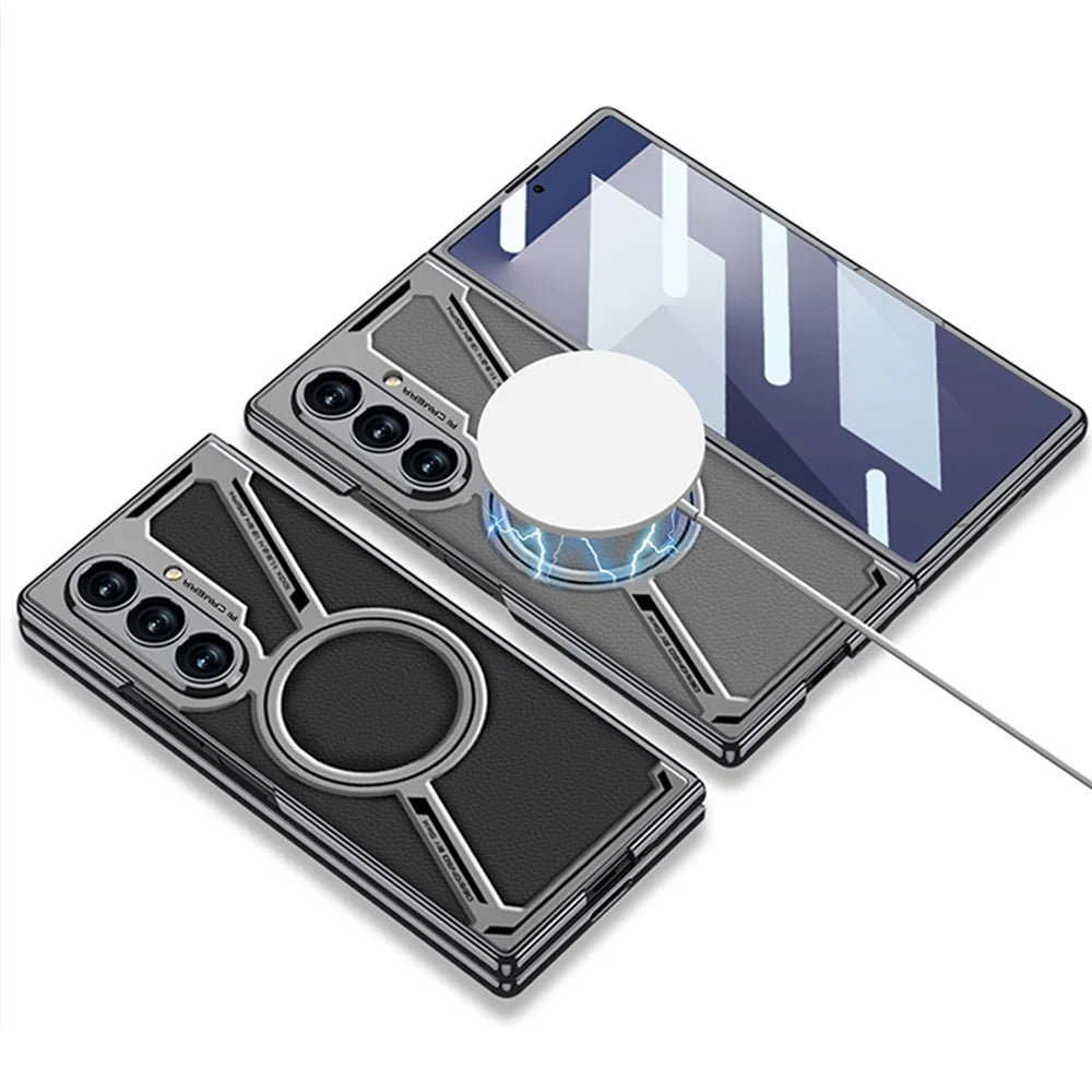GKK For Samsung Galaxy Z Fold7 5G Magnetic Case PU Leather + PC Phone Cover with Front Screen Protector - Grey - Carbon Fiber Texture - 7