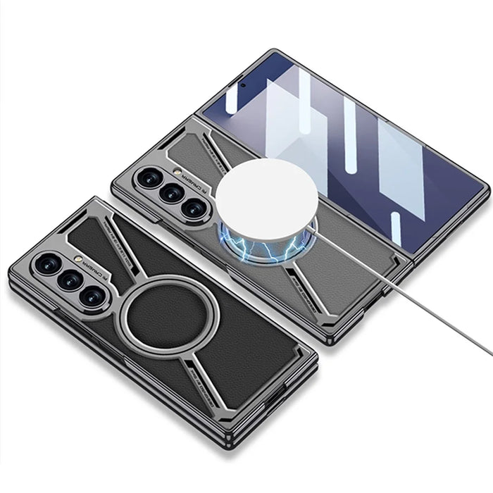 GKK For Samsung Galaxy Z Fold7 5G Magnetic Case PU Leather + PC Phone Cover with Front Screen Protector - Grey - Carbon Fiber Texture - 7