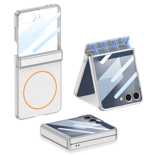 GKK For Samsung Galaxy Z Flip7 5G Magnetic Case Hinge Protection PC Phone Cover with HD Rear Screen Protector - Silver - 1