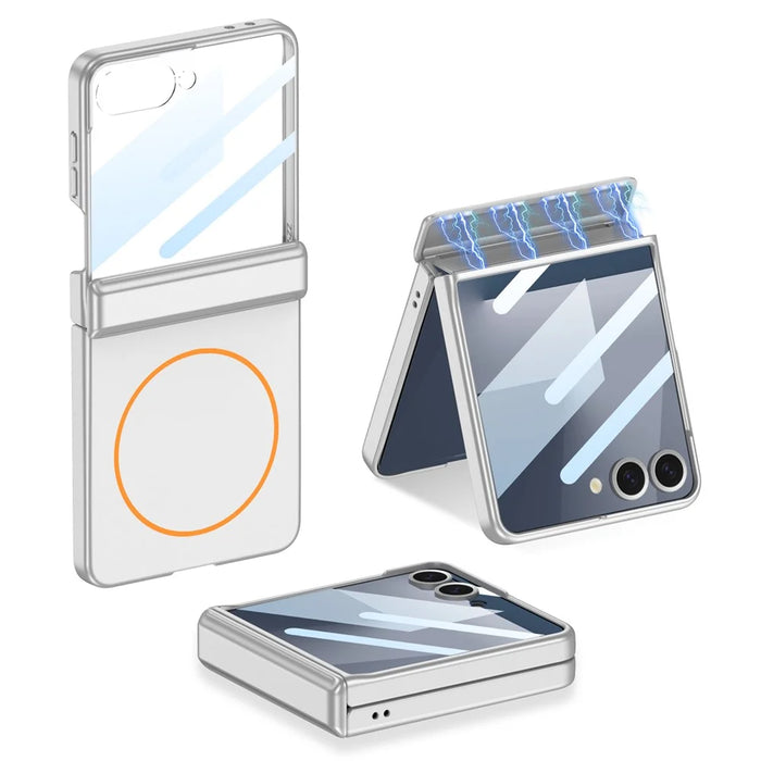 GKK For Samsung Galaxy Z Flip7 5G Magnetic Case Hinge Protection PC Phone Cover with HD Rear Screen Protector - Silver - 1