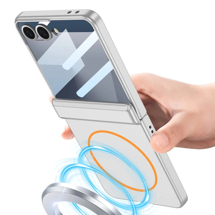 GKK For Samsung Galaxy Z Flip7 5G Magnetic Case Hinge Protection PC Phone Cover with HD Rear Screen Protector - Silver - 2