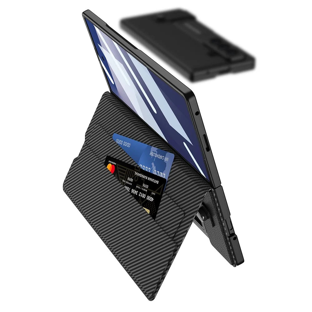 GKK For Samsung Galaxy Z Fold7 5G Case Card Slot PC + PU Flip Phone Cover with Screen Film, Stylus - Carbon Fiber Texture - 2