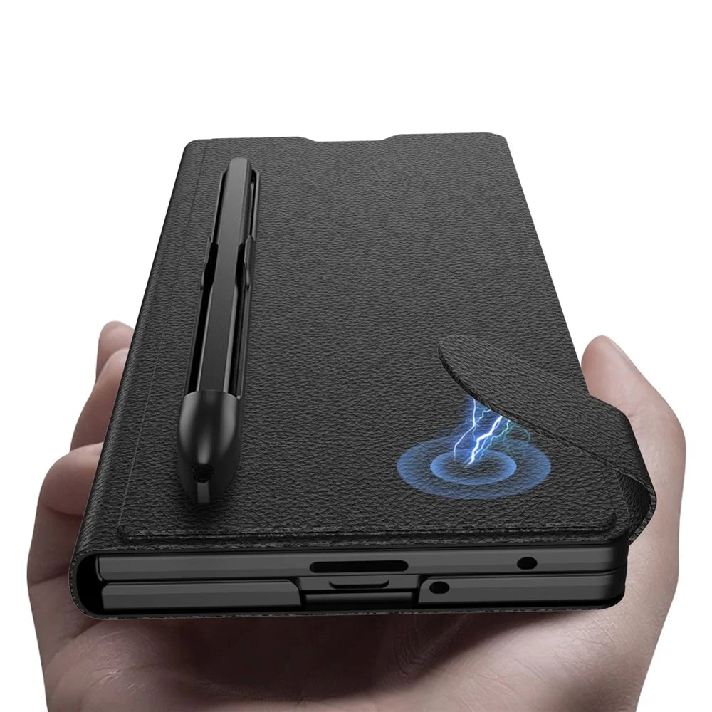 GKK For Samsung Galaxy Z Fold7 5G Case Card Slot PC + PU Flip Phone Cover with Screen Film, Stylus - Carbon Fiber Texture - 4