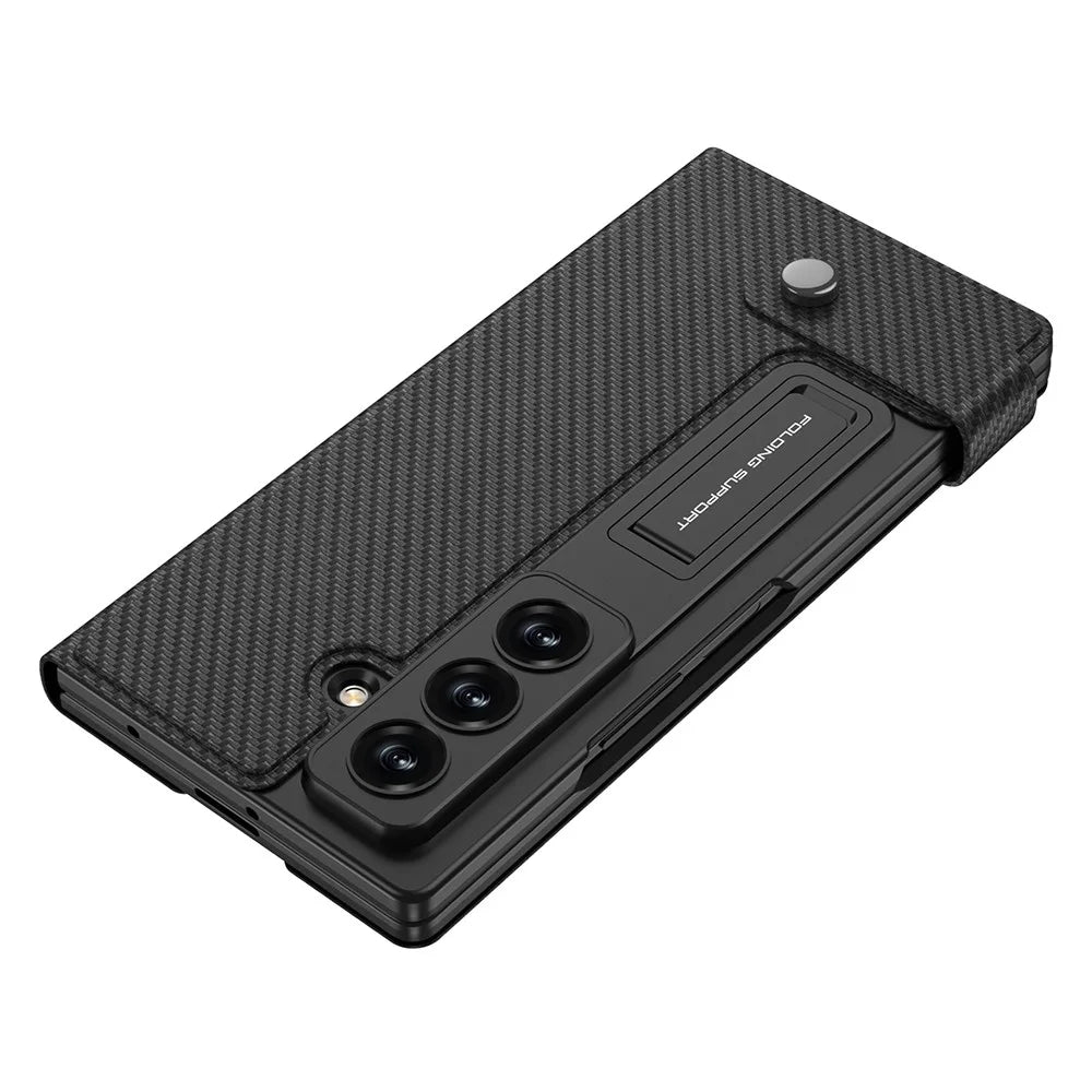GKK For Samsung Galaxy Z Fold7 5G Case Card Slot PC + PU Flip Phone Cover with Screen Film, Stylus - Carbon Fiber Texture - 6