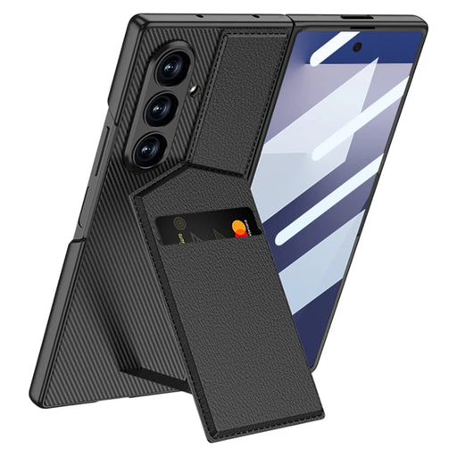 GKK For Samsung Galaxy Z Fold7 5G Case PC + PU Leather Phone Cover with Card Holder Kickstand, Screen Film - Carbon Fiber Texture - 1