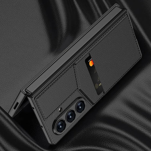 GKK For Samsung Galaxy Z Fold7 5G Case PC + PU Leather Phone Cover with Card Holder Kickstand, Screen Film - Carbon Fiber Texture - 2