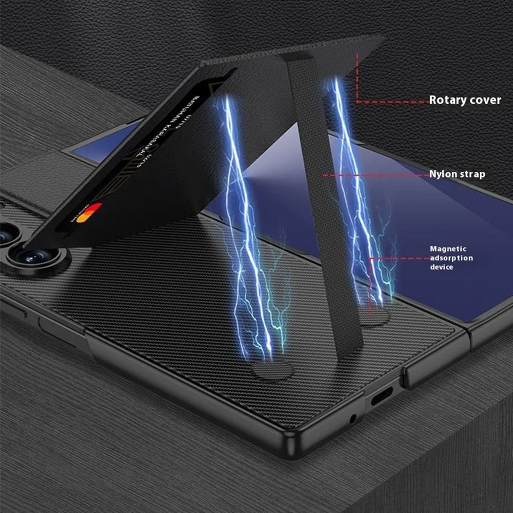 GKK For Samsung Galaxy Z Fold7 5G Case PC + PU Leather Phone Cover with Card Holder Kickstand, Screen Film - Carbon Fiber Texture - 3