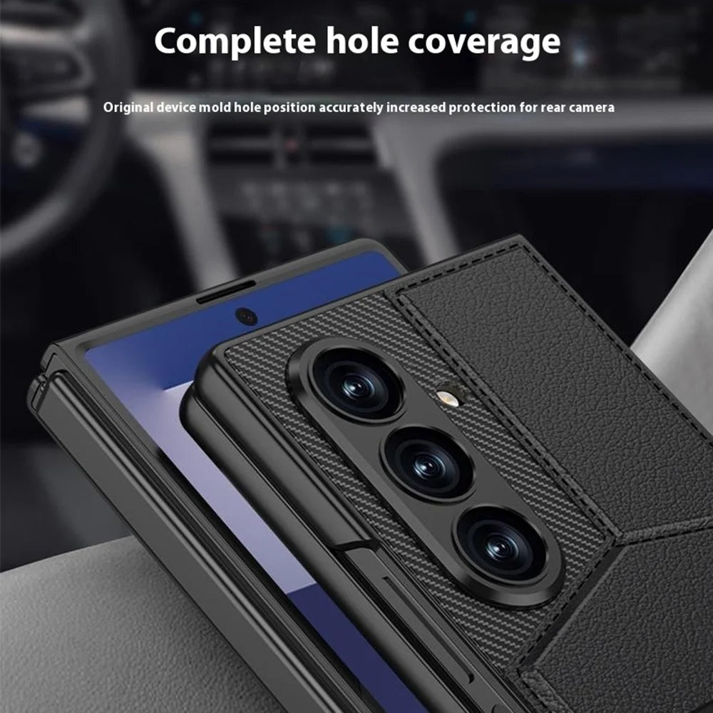 GKK For Samsung Galaxy Z Fold7 5G Case PC + PU Leather Phone Cover with Card Holder Kickstand, Screen Film - Carbon Fiber Texture - 4
