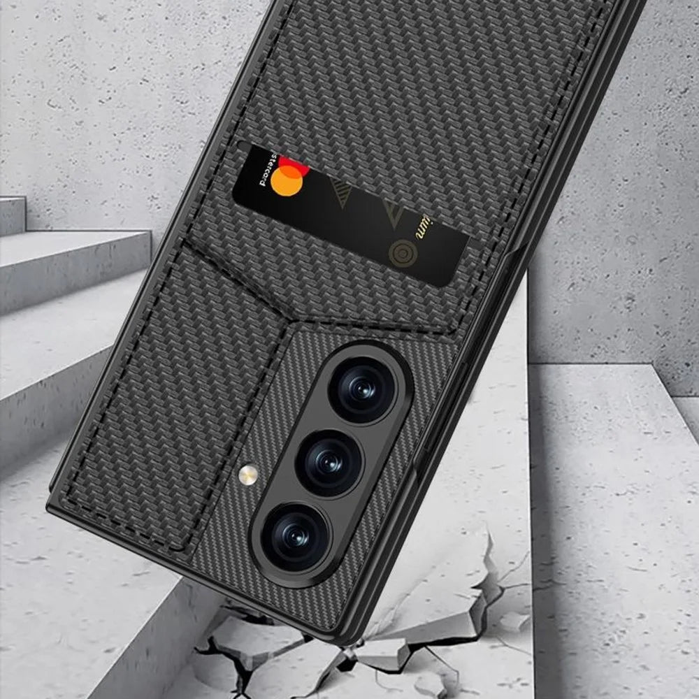 GKK For Samsung Galaxy Z Fold7 5G Case PC + PU Leather Phone Cover with Card Holder Kickstand, Screen Film - Carbon Fiber Texture - 5