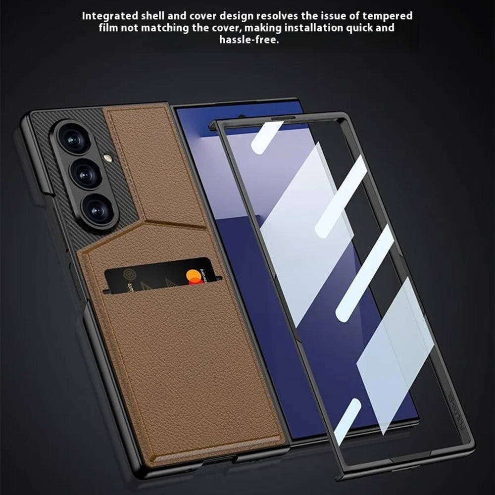 GKK For Samsung Galaxy Z Fold7 5G Case PC + PU Leather Phone Cover with Card Holder Kickstand, Screen Film - Carbon Fiber Texture - 6