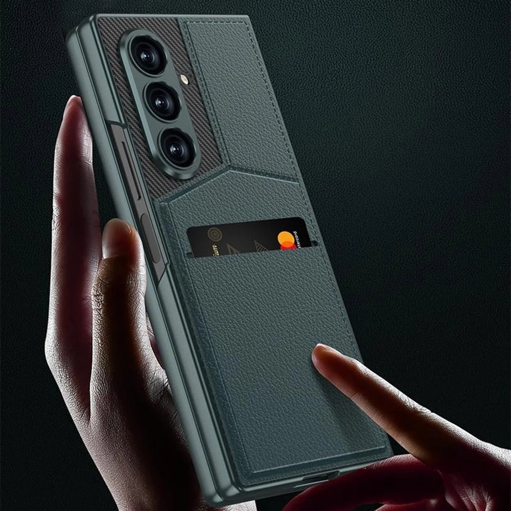 GKK For Samsung Galaxy Z Fold7 5G Case PC + PU Leather Phone Cover with Card Holder Kickstand, Screen Film - Carbon Fiber Texture - 7