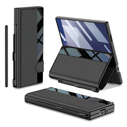 GKK For Samsung Galaxy Z Fold7 5G Stand Case Pen Slot PC + PU Leather Flip Phone Cover with Screen Film - Black - 1