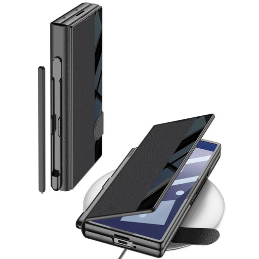 GKK For Samsung Galaxy Z Fold7 5G Stand Case Pen Slot PC + PU Leather Flip Phone Cover with Screen Film - Black - 2