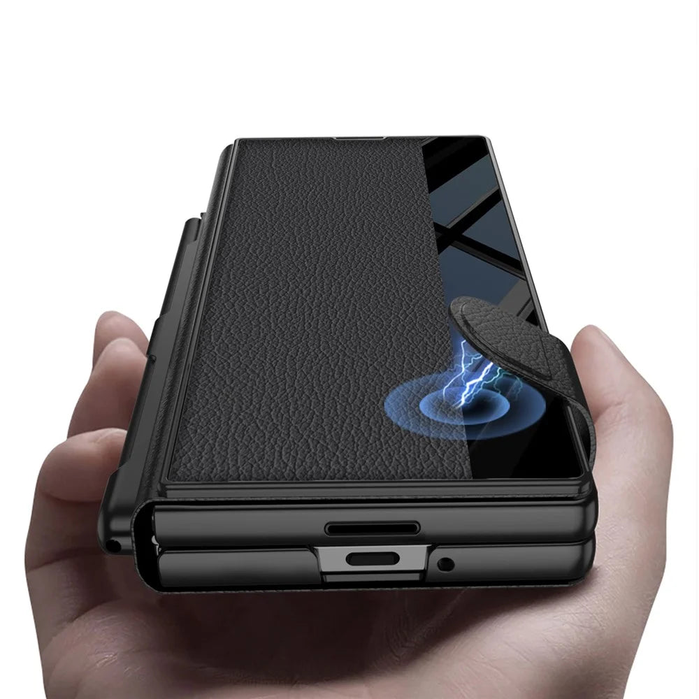 GKK For Samsung Galaxy Z Fold7 5G Stand Case Pen Slot PC + PU Leather Flip Phone Cover with Screen Film - Black - 3