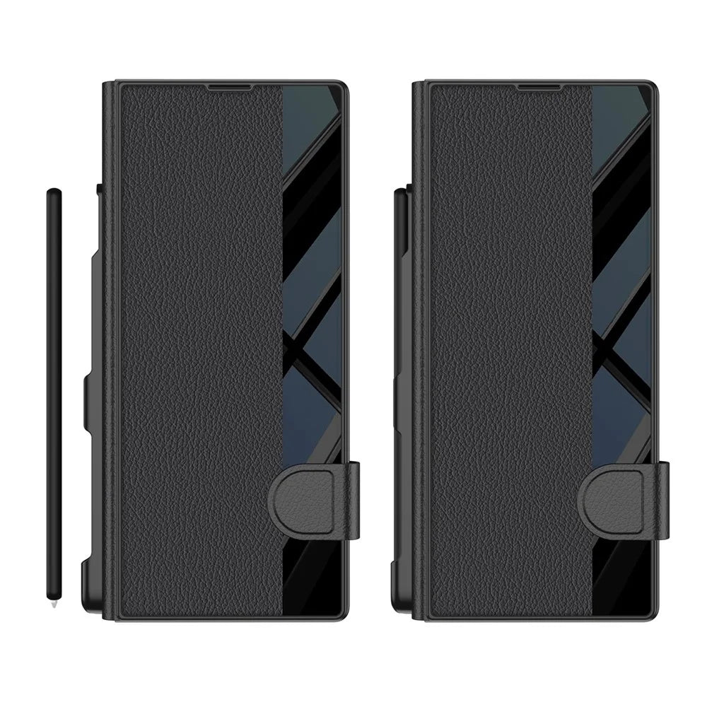 GKK For Samsung Galaxy Z Fold7 5G Stand Case Pen Slot PC + PU Leather Flip Phone Cover with Screen Film - Black - 5