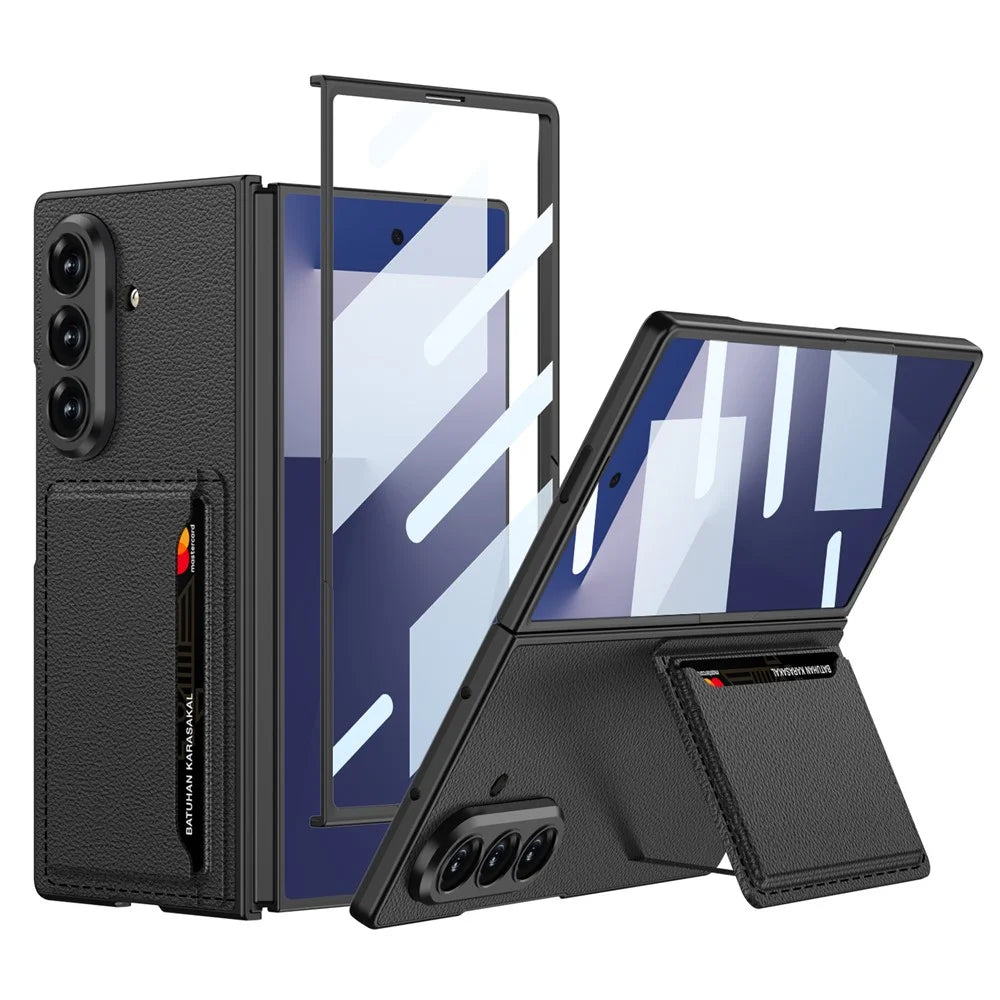 GKK For Samsung Galaxy Z Fold7 5G Phone Case Card Holder Kickstand PU Leather Back Cover with Screen Film - Black - 1