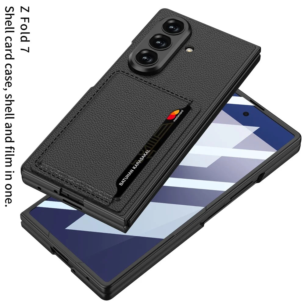 GKK For Samsung Galaxy Z Fold7 5G Phone Case Card Holder Kickstand PU Leather Back Cover with Screen Film - Black - 2