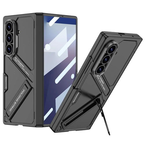 GKK For Samsung Galaxy Z Fold7 5G Kickstand Case Hinge Protection PC Phone Cover with Tempered Glass Film - Black - 1
