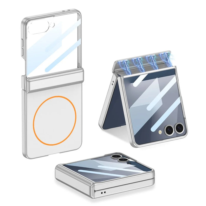 GKK For Samsung Galaxy Z Flip7 5G Magnetic Case Hinge Protection PC + Tempered Glass Slim Phone Cover - Silver - 1