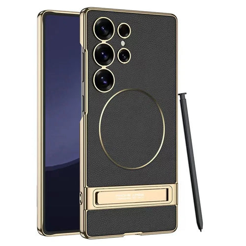 GKK For Samsung Galaxy S24 Ultra Case Electroplating PU + PC Kickstand Phone Cover - Black - 1