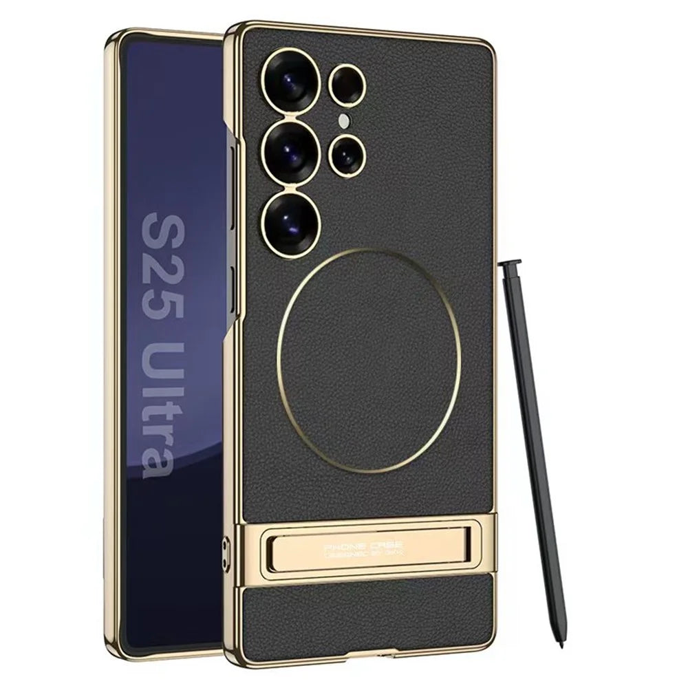 GKK For Samsung Galaxy S25 Ultra Case Electroplating PU + PC Kickstand Phone Cover - Black - 1