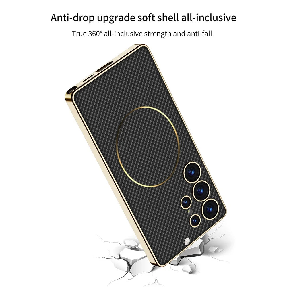 GKK For Samsung Galaxy S24 Ultra Case Electroplating PU + PC + TPU Phone Cover Support Wireless Charging - Carbon Fiber Texture - 2