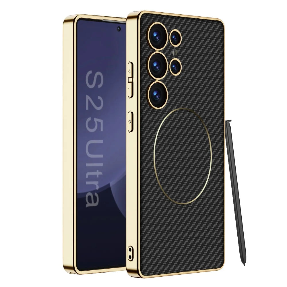 GKK For Samsung Galaxy S25 Ultra Case Electroplating PU + PC + TPU Phone Cover Support Wireless Charging - Carbon Fiber Texture - 1