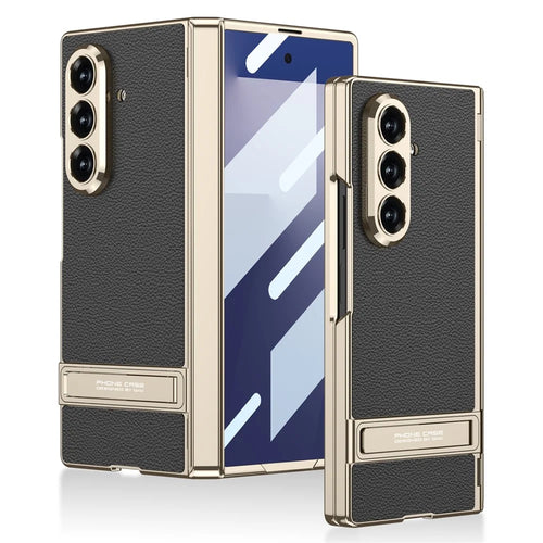 GKK For Samsung Galaxy Z Fold7 5G Kickstand Case Magnetic Hinge Protection PU + PC + Tempered Glass Phone Cover - Black - 1