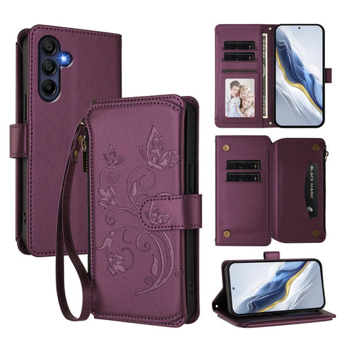 For Samsung Galaxy A16 4G / Galaxy A16 5G Leather Case Butterfly Floral Imprint Zipper Wallet Stand Cover with Wrist Strap - Purple - 1