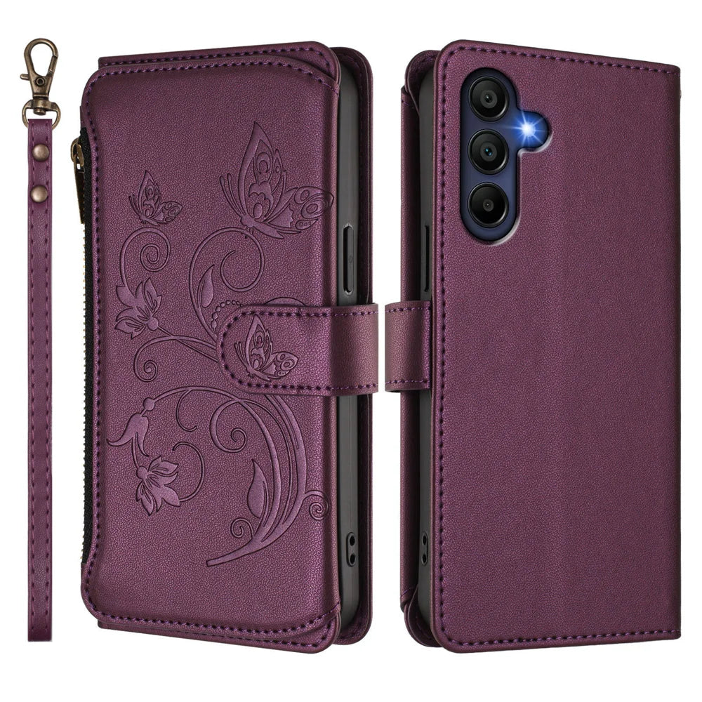 For Samsung Galaxy A16 4G / Galaxy A16 5G Leather Case Butterfly Floral Imprint Zipper Wallet Stand Cover with Wrist Strap - Purple - 2