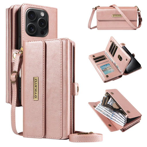YIKATU For iPhone 15 Pro Case  YK-008 Zipper Wallet Leather Phone Cover with Shoulder Strap - Rose Gold - 1